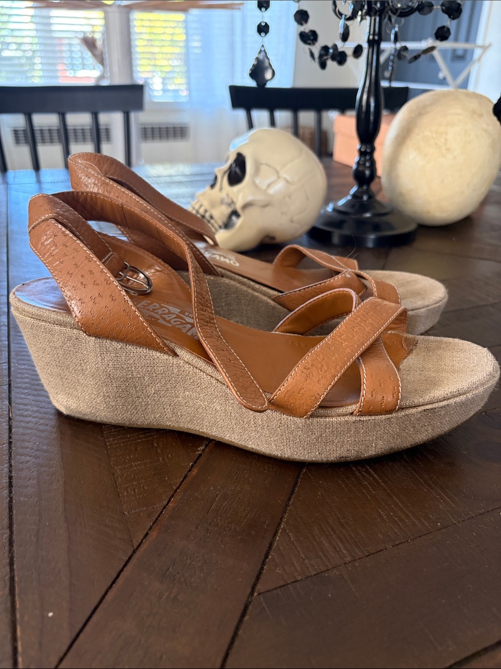 salvatore ferragamo womens leather wedge shoes light brown sz 9